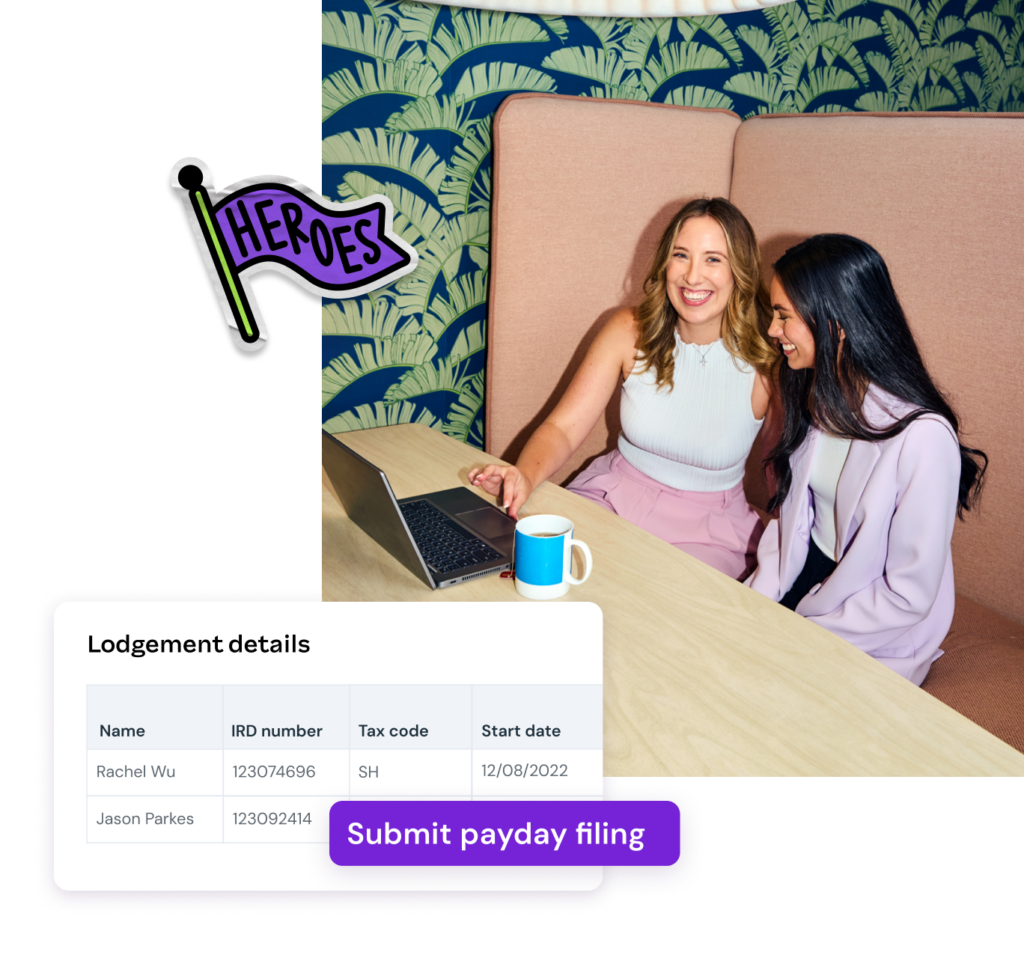 Two women smiling at a laptop in a booth, with a payday filing form overlay showing employee tax and start date details.