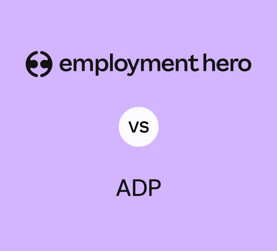 Comparison of "Employment Hero" and "ADP" on a purple background. "vs" is in a white circle between the two names, indicating a contrast.