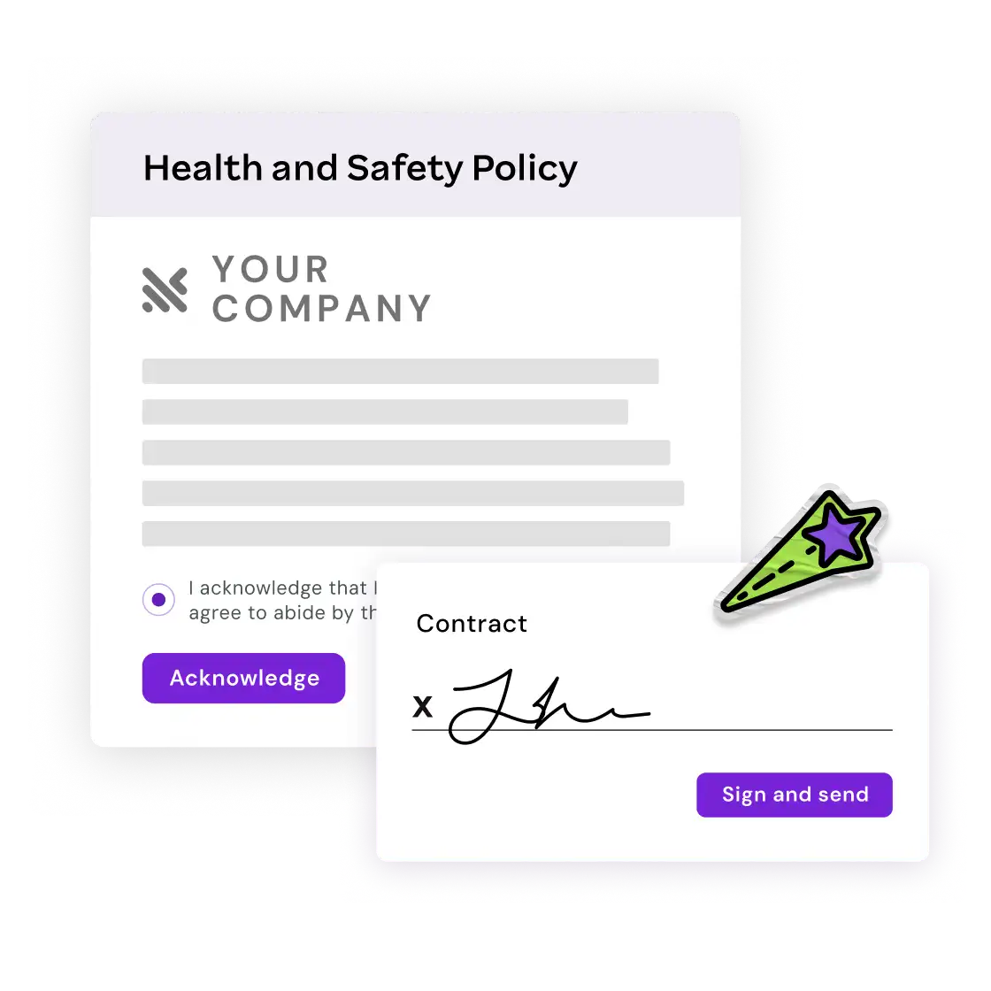 Image depicting a Health and Safety Policy document with an "Acknowledge" button, and a contract ready for signature with "Sign and send" button, conveying professionalism and compliance.