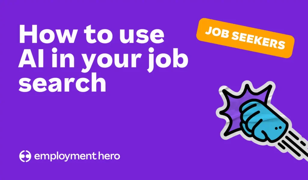 Purple background with bold white text reads, "How to use AI in your job search." A bright orange label says "Job Seekers," and a blue cartoon fist punches forward. Emotion: Dynamic and encouraging.