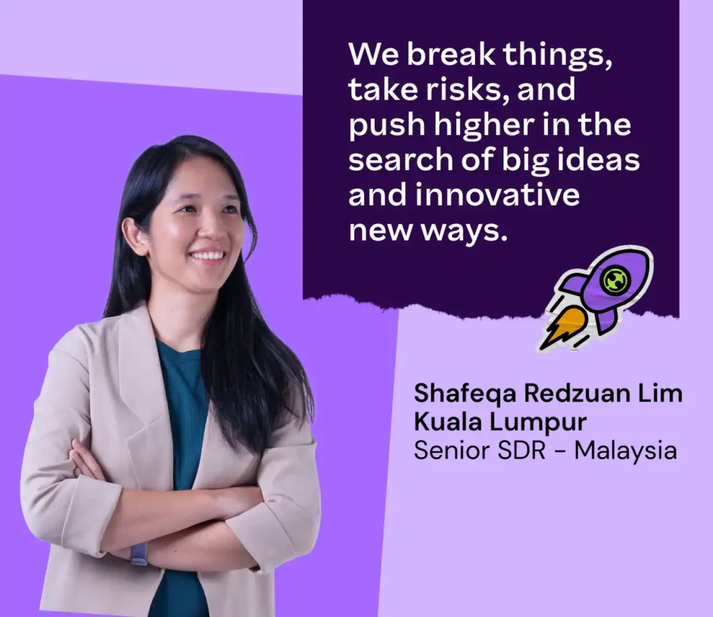 Smiling woman with long hair stands confidently with crossed arms. A quote reads, "We break things, take risks, and push higher..." alongside a rocket icon.
