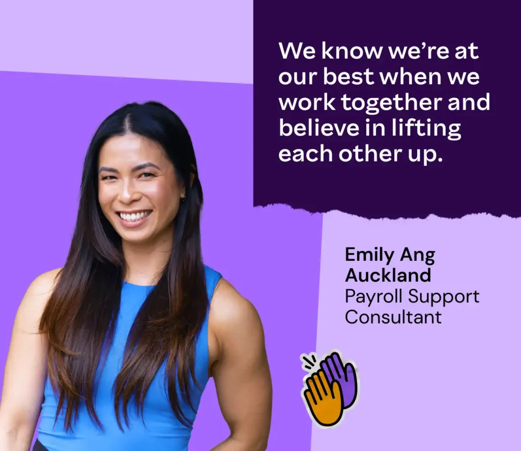 Smiling woman in a blue top, with long dark hair, stands against a purple background. Text reads, "We know we’re at our best when we work together and believe in lifting each other up." Name and job title are on the right.