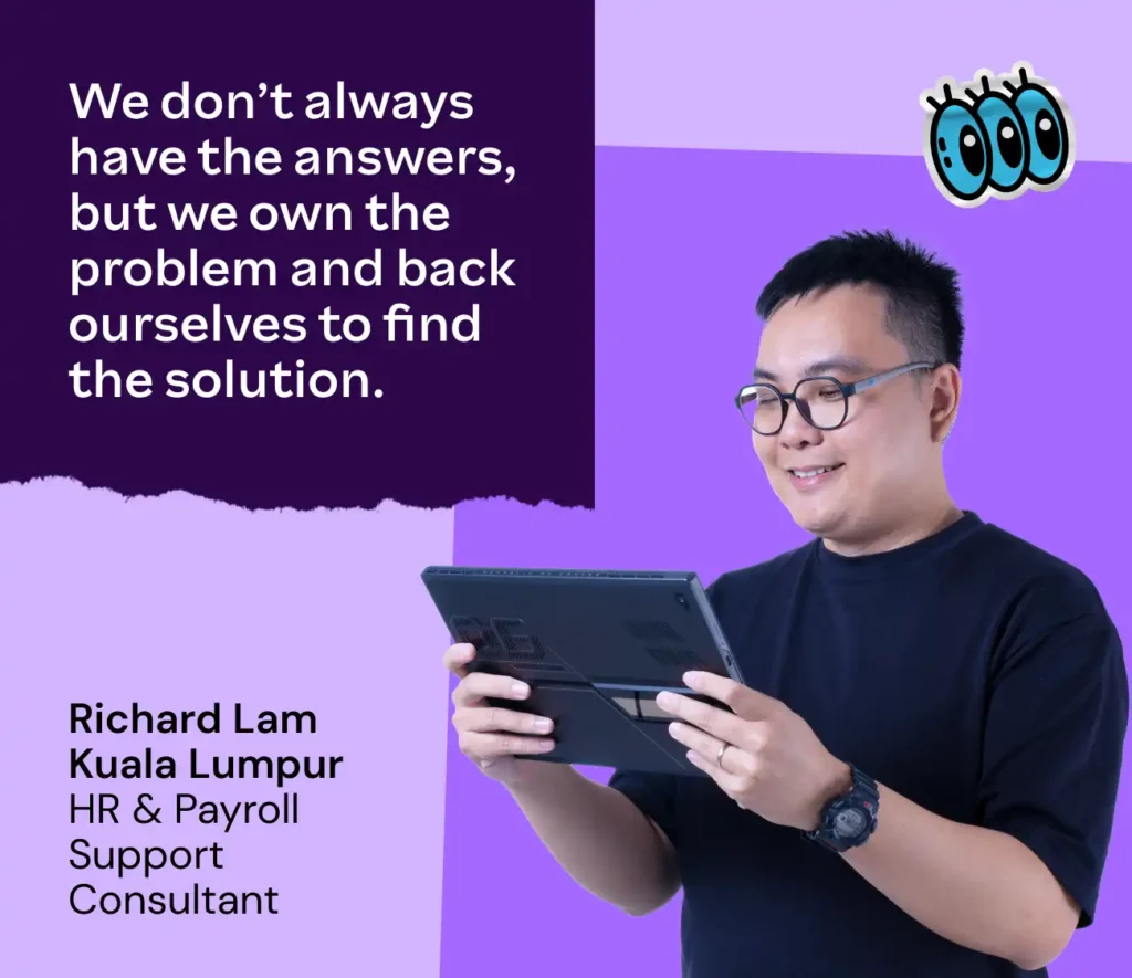 Smiling person in glasses holds a tablet against a split purple background. Text reads, "We don’t always have the answers, but we own the problem and back ourselves to find the solution." Oval cartoon eyes graphic.