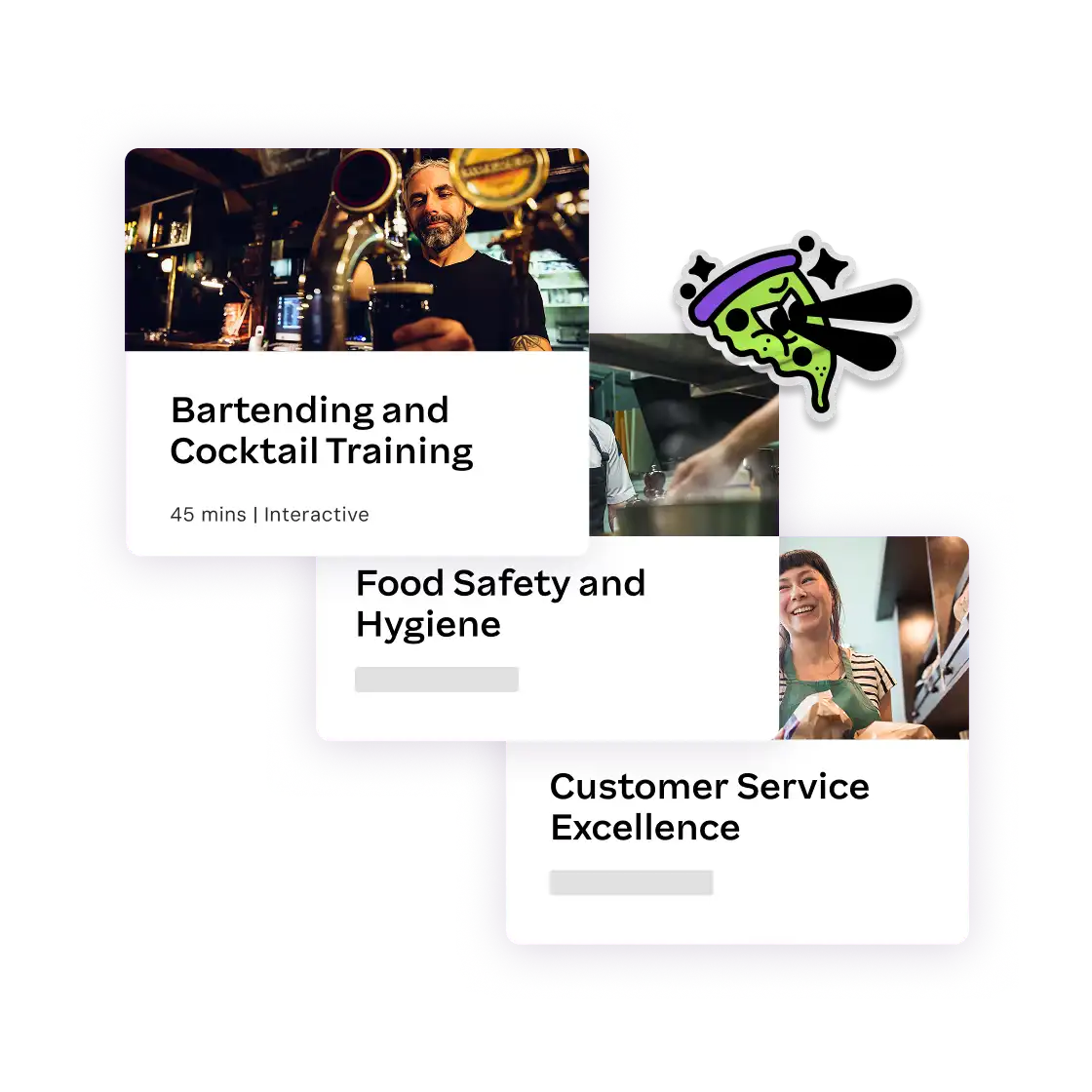 Bartender pours drink at a bar. Titles read "Bartending and Cocktail Training," "Food Safety and Hygiene," "Customer Service Excellence." Playful tone.