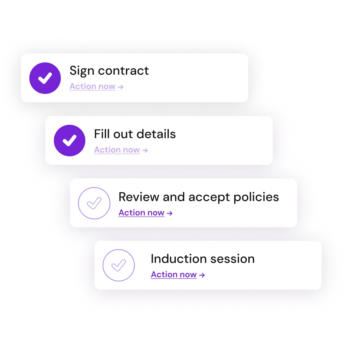 Four task steps with check icons and "Action now” links. Tasks: Sign contract, Fill out details, Review and accept policies, Induction session.