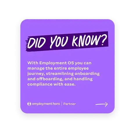 Alt text: Purple graphic with text "Did You Know?" Highlighting Employment OS's capability to streamline employee management and compliance. Branding at bottom.