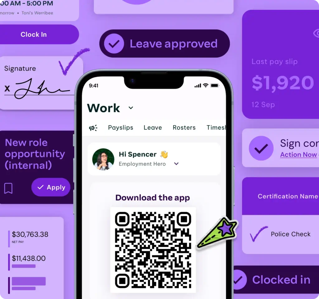 A mobile screen displays a workplace app dashboard with various features like payslips and leave, overlaid with financial action prompts and a QR code to download the app.