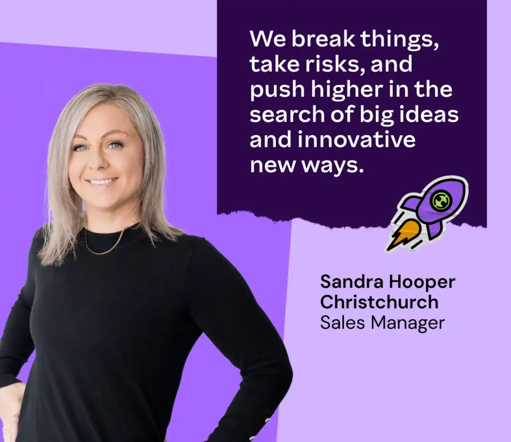 A woman with long blonde hair smiles confidently on a purple gradient background. Text reads, “We break things, take risks, and push higher...” with a rocket icon. The image conveys innovation and boldness.
