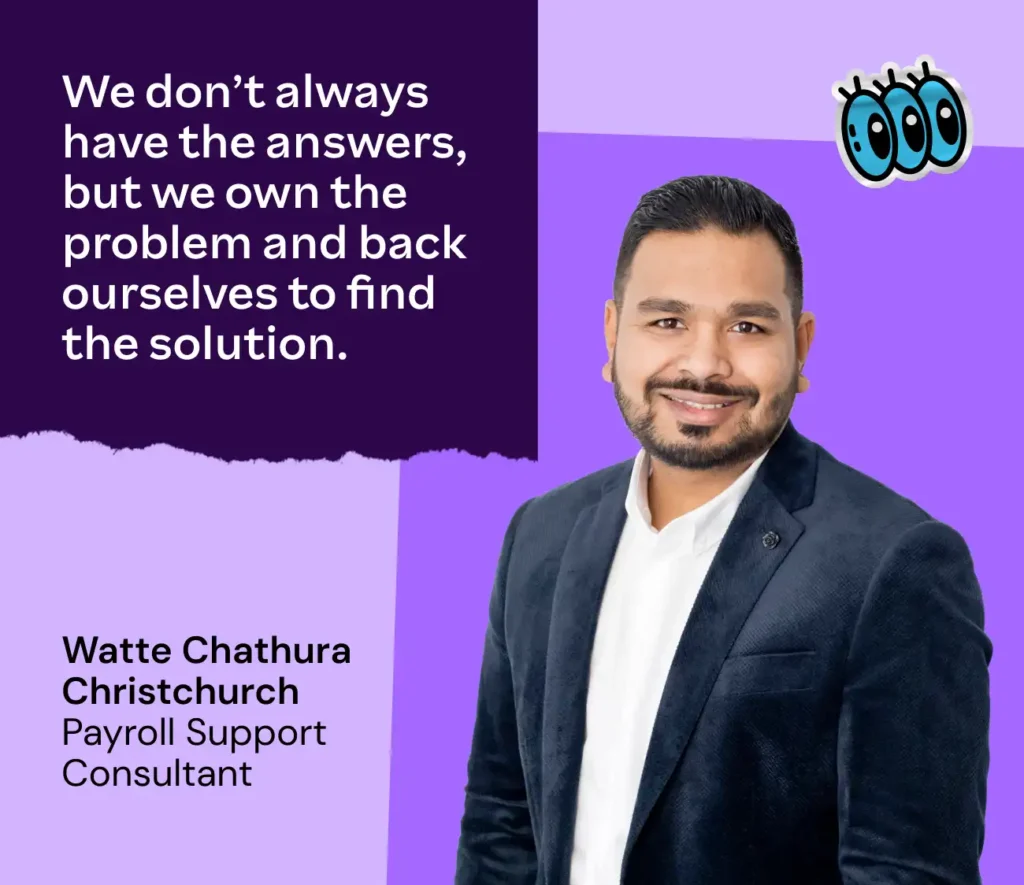 Smiling man in business attire on a purple background with text: "We don’t always have the answers, but we own the problem." Cartoon eyes graphic at the top right.