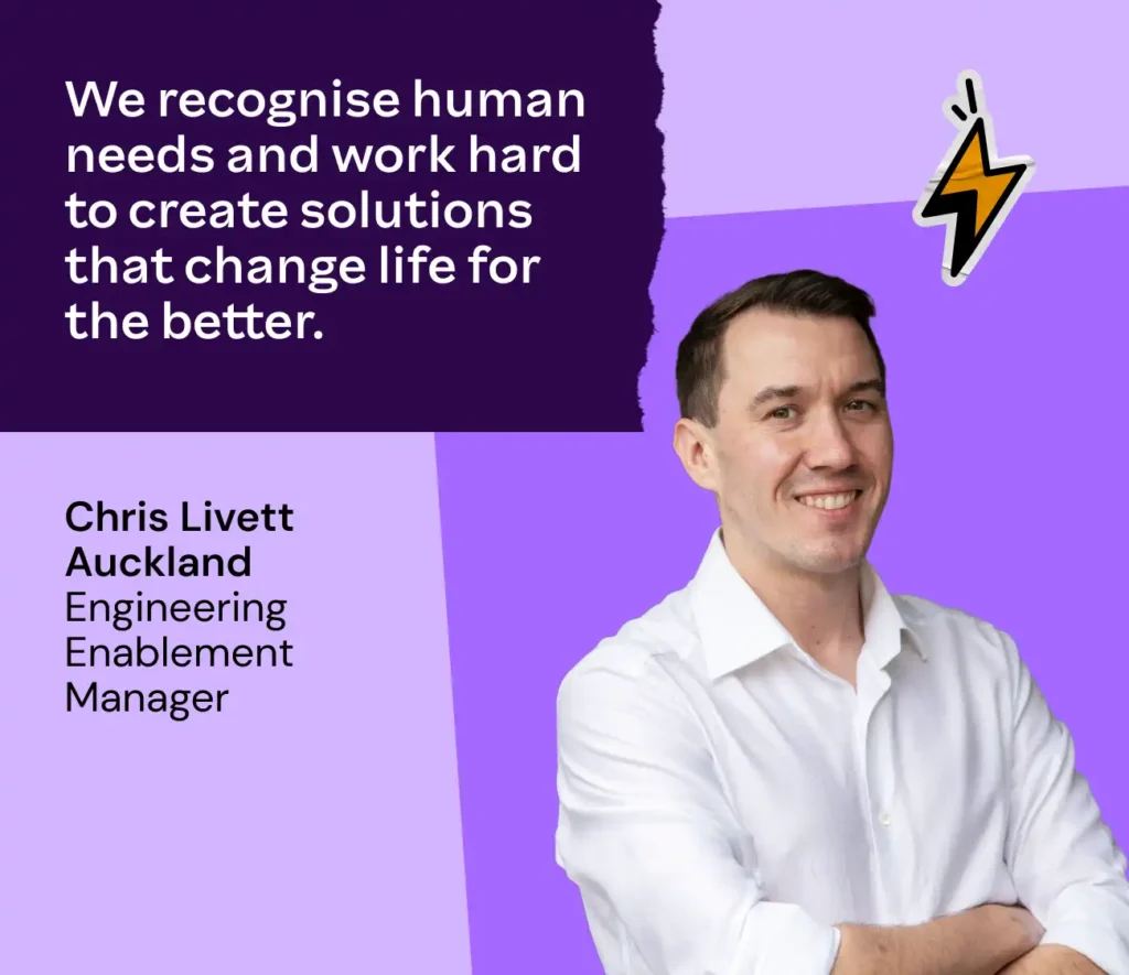 A smiling man in a white shirt is on a purple background. Text reads: "We recognize human needs and work hard to create solutions that change life for the better." A lightning bolt icon is present.