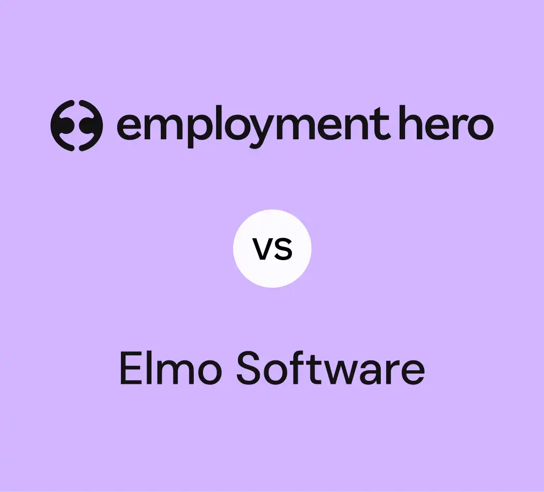 Purple background image comparing "Employment Hero" and "Elmo Software" with "vs" in between, suggesting a software comparison or review.