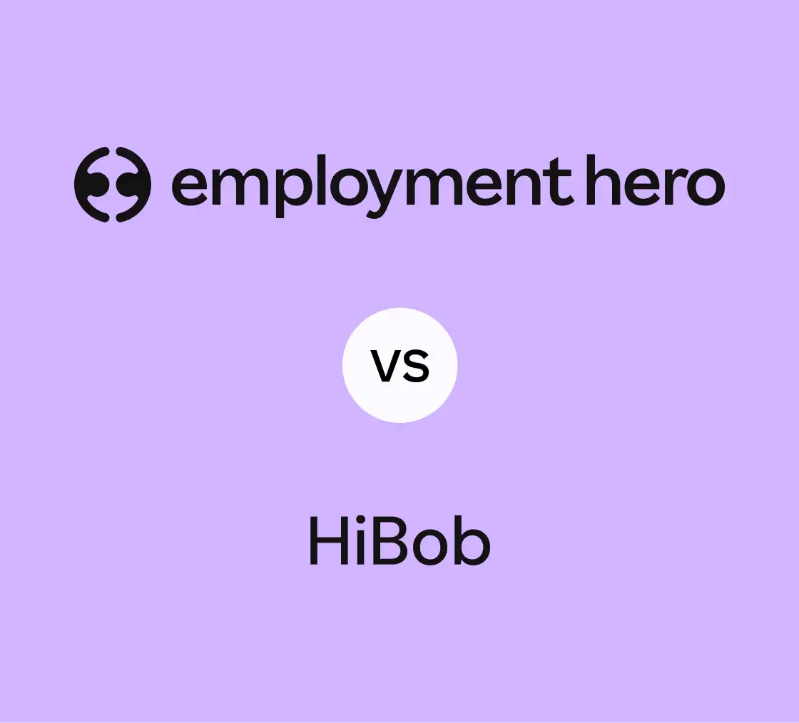 Logos of "Employment Hero" and "HiBob" are set against a light purple background, with "vs" in a white circle between them, suggesting a comparison.