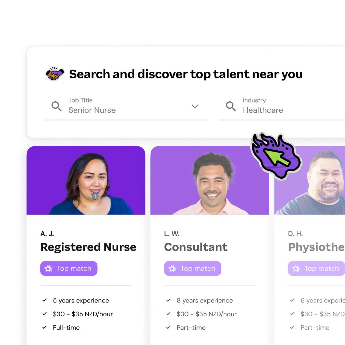 App interface showcasing a search feature for discovering local talent.