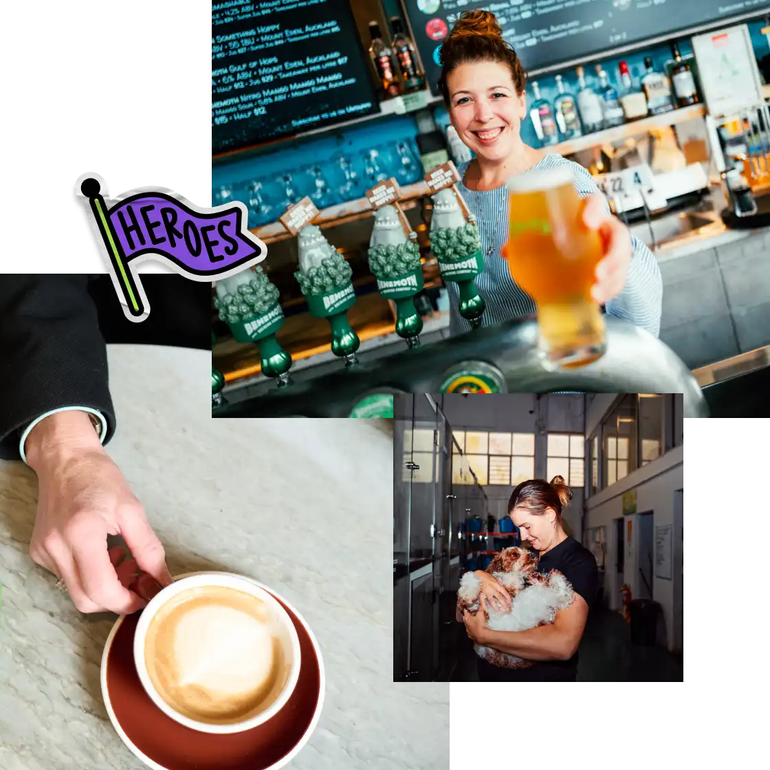 Collage of a smiling bartender serving beer, a hand holding a coffee cup, and a person cuddling a dog, with a "Heroes" flag sticker.