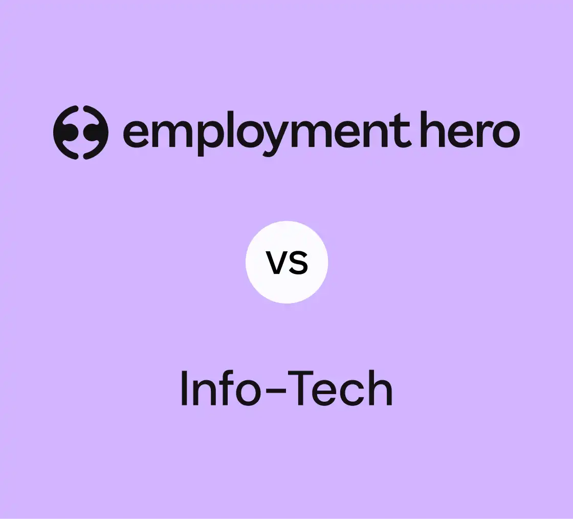 Logos of "Employment Hero" and "Info-Tech" are set against a light purple background, with "vs" in a white circle between them, suggesting a comparison.