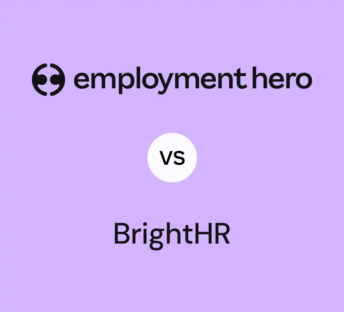 Two logos against a light purple background: "employment hero" at the top and "BrightHR" at the bottom, with "vs" in a white circle in the center.