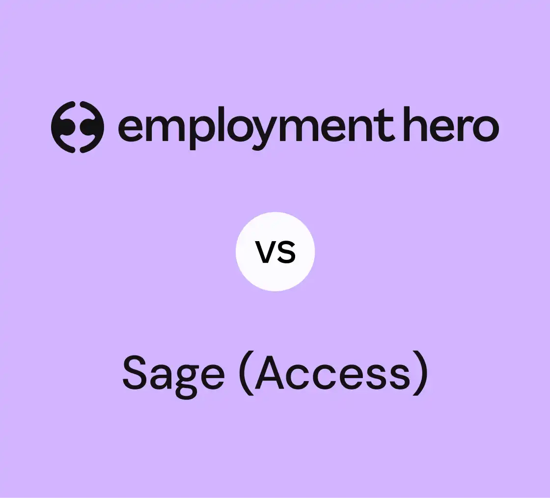 Comparison of "Employment Hero" and "sage" on a purple background. "vs" is in a white circle between the two names, indicating a contrast.