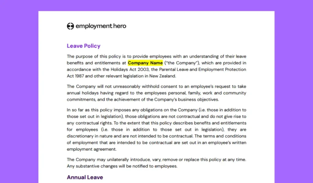 Alt text: "Document titled 'Leave Policy' from Employment Hero detailing employee leave benefits in New Zealand. Set on a purple background."