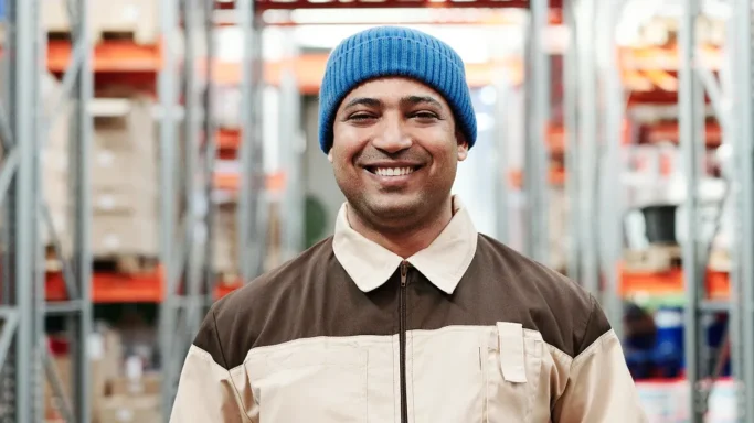 Smiling worker in a warehouse wearing a blue beanie and uniform.