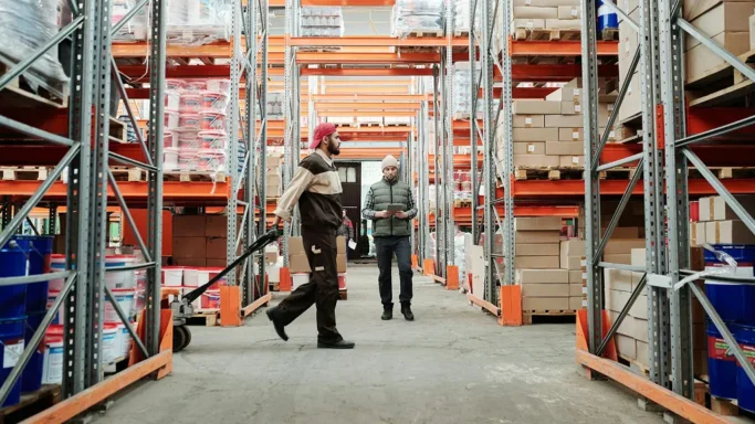Workers in a warehouse moving and checking inventory on shelves.