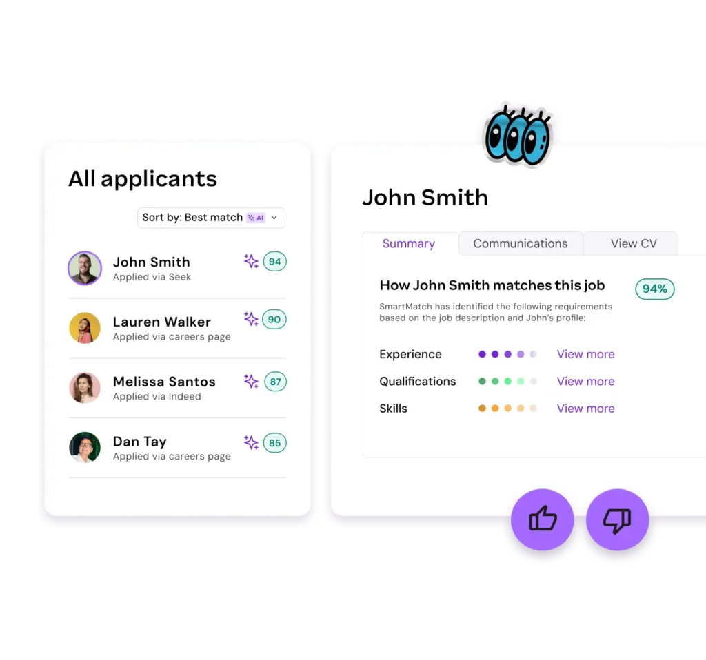 An applicant dashboard displays a list of candidates sorted by best match via AI, highlighting John Smith with a top score of 94. Details on John’s qualifications, experience, and skills are shown alongside icons for approval or disapproval.