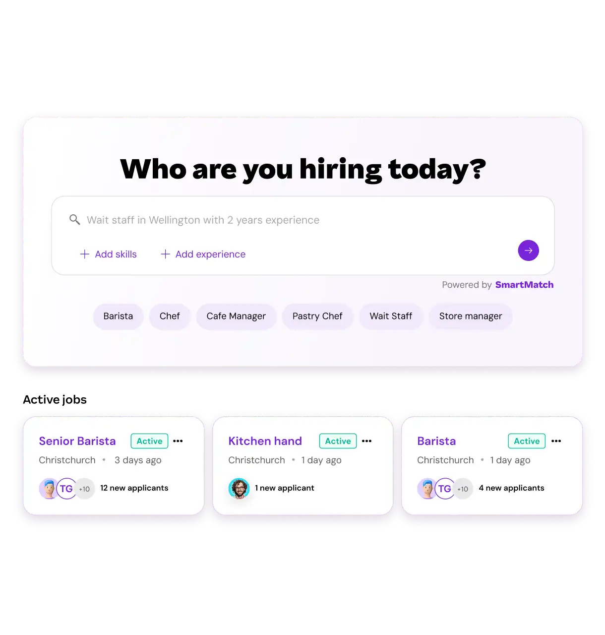 Hiring interface displaying a search bar asking, "Who are you hiring today?" with roles like Barista and Chef. Three job postings show applicant details below.