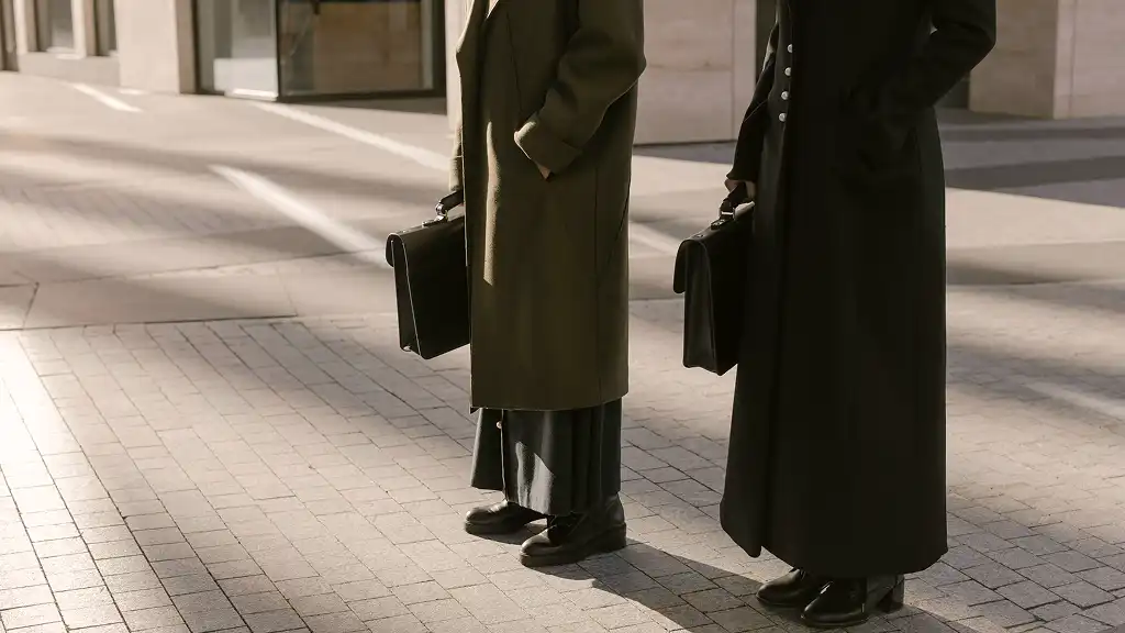 Two people in long coats stand on a sunlit city sidewalk, each holding a briefcase. Their attire and stance convey a formal, professional tone.