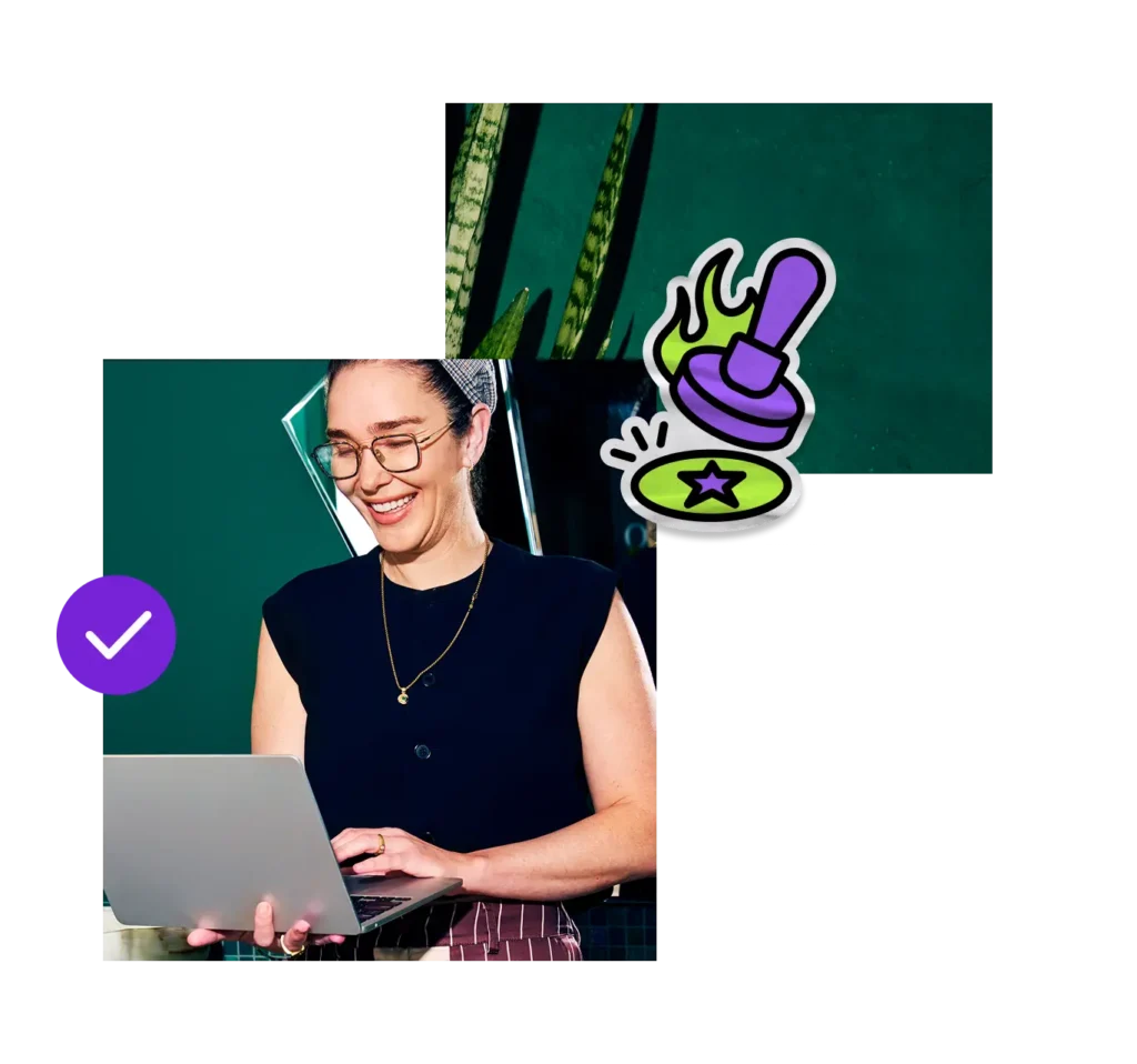 A woman with glasses smiling at a laptop against a green background. Illustrated purple check mark and magic stamp icon convey success and creativity.