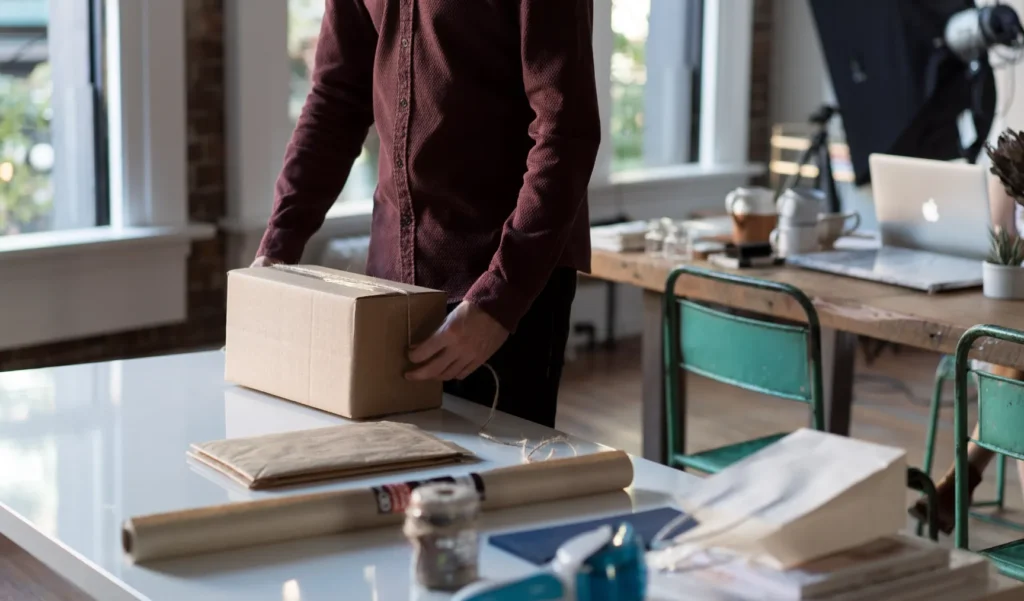 Person packaging boxes on a table with shipping materials, preparing orders for delivery.