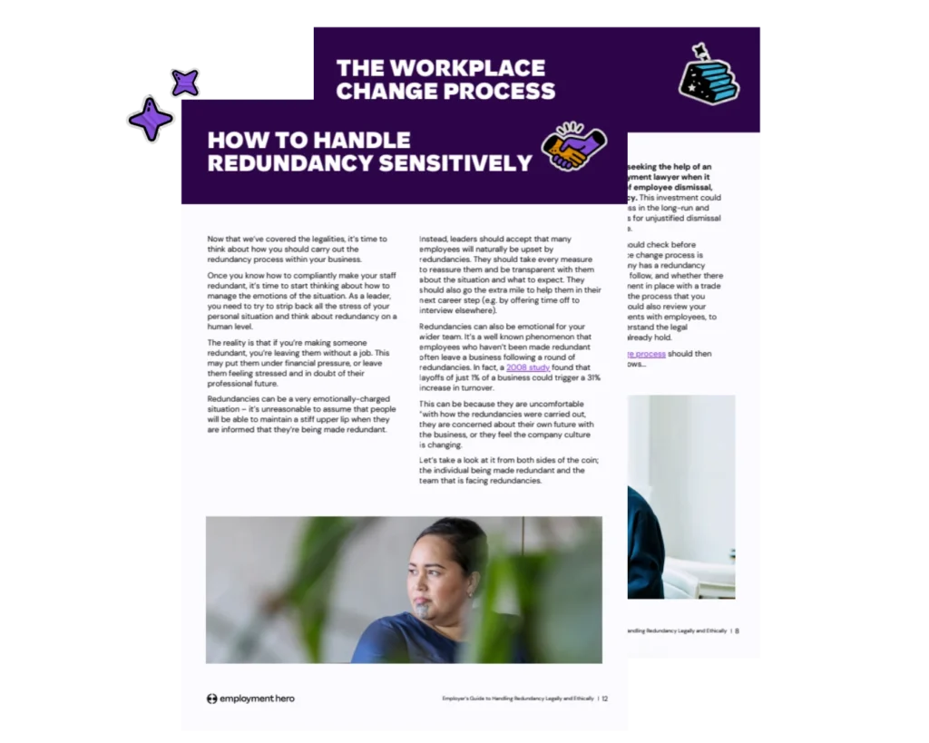  A two-page document titled "The Workplace Change Process: How to Handle Redundancy Sensitively" features text on handling redundancies. A thoughtful person sits at the bottom, conveying a serious and contemplative mood. The design includes purple accents and graphics related to workplace topics.