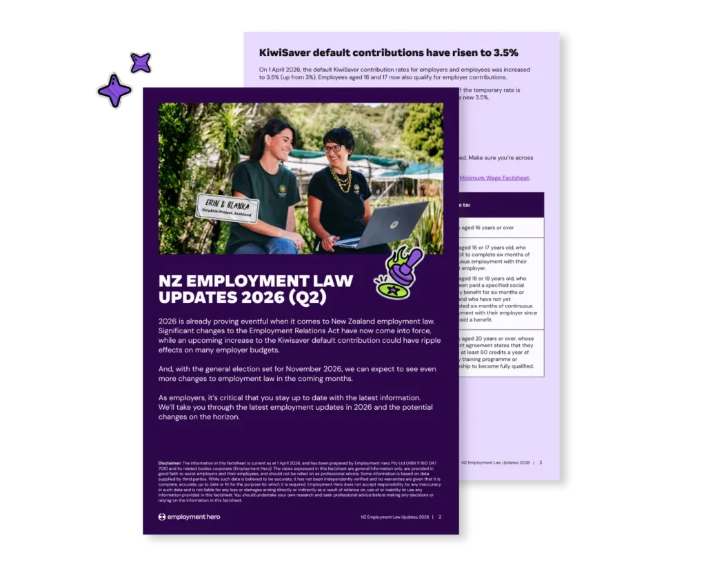 Alt text: "A flyer for NZ Employment Law Updates 2026 (Q2). Features an image of two people in discussion with a laptop, set against a blurred outdoor backdrop. The document outlines changes to KiwiSaver contributions and employment laws. The dominant colors are purple and green, and playful icons of stars and a peace sign decorate the design, conveying an informative and approachable tone."