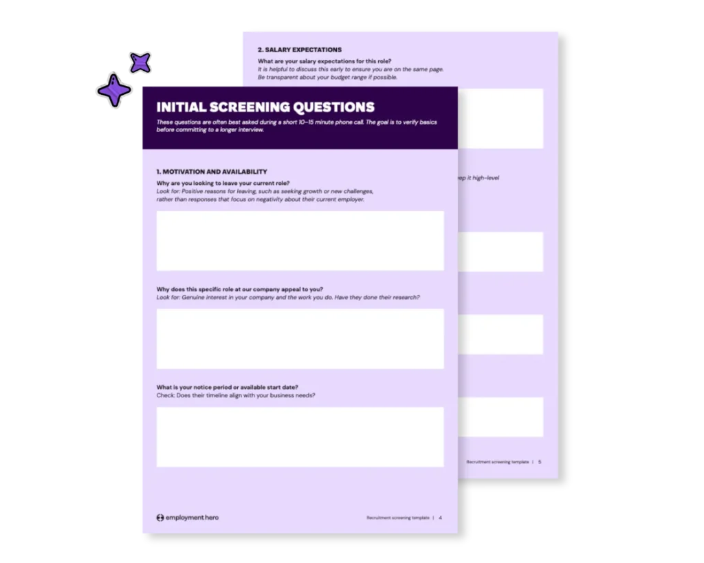 Employment Hero screening form showing motivation, availability, and salary expectation prompts
