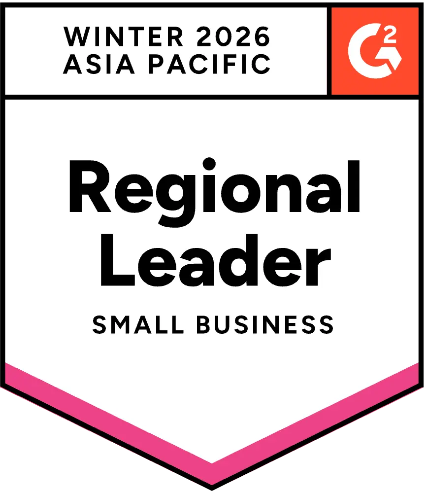 Alt text: "Award badge reading 'Winter 2026 Asia Pacific Regional Leader Small Business' with a red corner featuring a G2 logo. Simple and bold design."