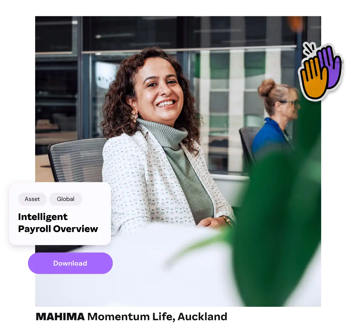 A smiling woman in a white blazer sits at a desk in a modern office. Text overlay reads "Intelligent Payroll Overview" with a download button.