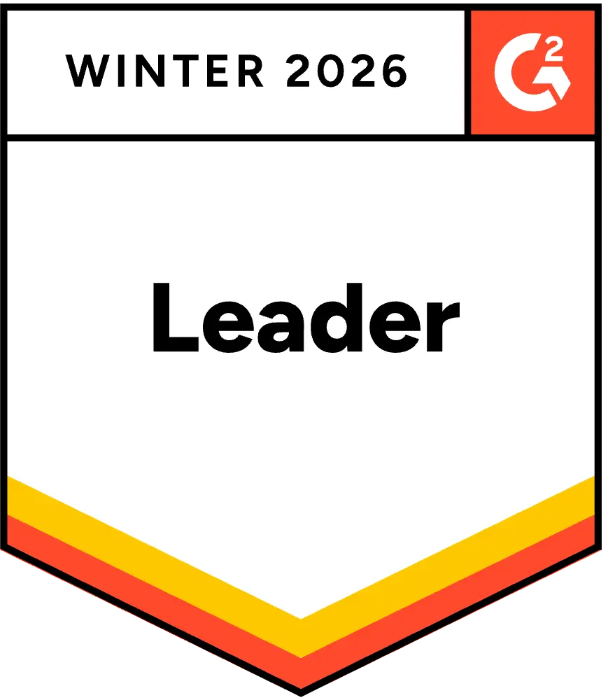 "Badge featuring 'Winter 2026' at the top and 'Leader' in bold below, with a G2 logo in the corner. The design includes a gradient of yellow to red stripes at the bottom."