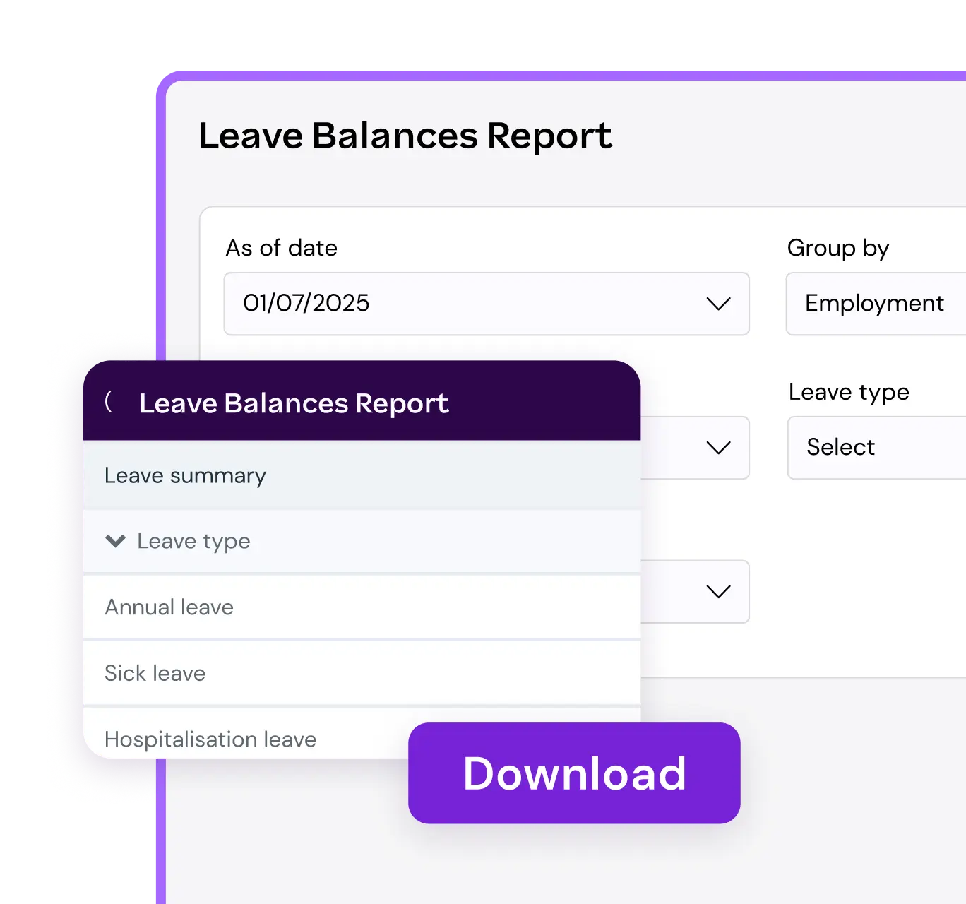 "Interface of a 'Leave Balances Report' form showing options for leave type, including annual, sick, and hospitalization leave. A purple 'Download' button is visible."