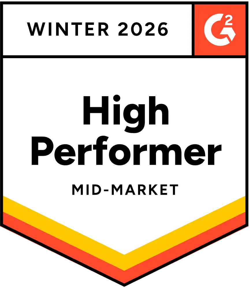 G2 badge titled "High Performer Mid-Market" for Winter 2026. Design features a red, orange, and yellow gradient bar at the bottom, conveying achievement.