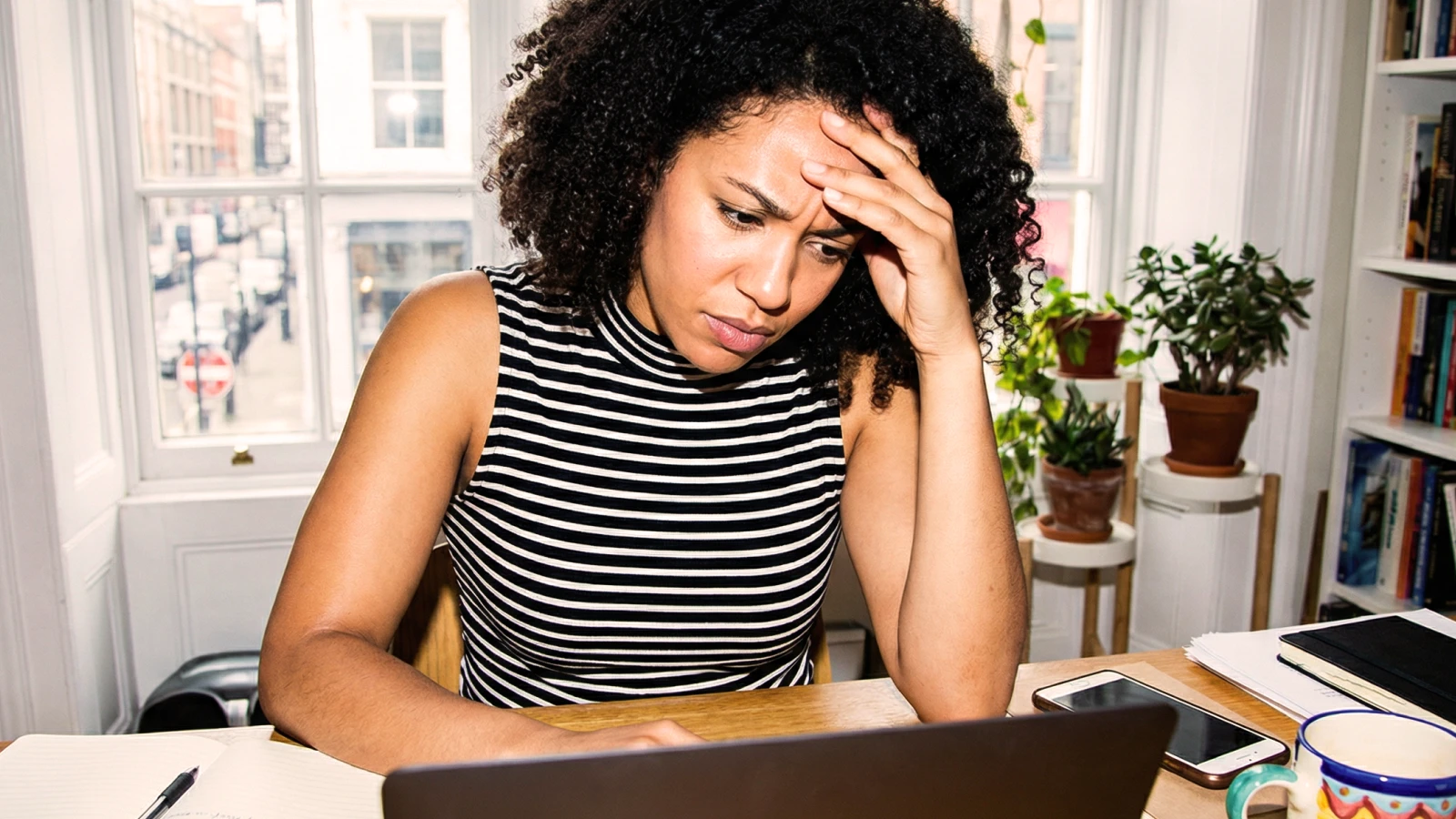 A stressed woman sitting at a desk looking at a laptop with her hand on her forehead.