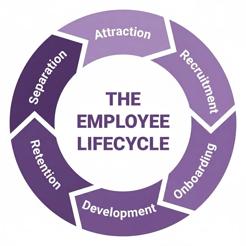 A circular flow diagram of "The Employee Lifecycle" featuring seven stages: Attraction, Recruitment, Onboarding, Development, Retention, and Separation.