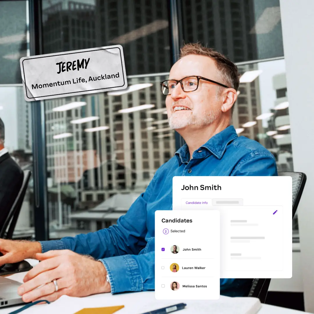 A smiling man in a blue shirt sits at a desk with city buildings visible through the window. Overlays show "Candidates" and list potential hires.