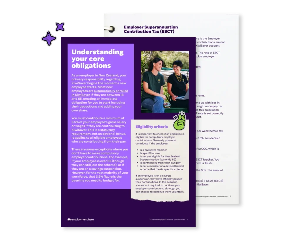 A stacked preview graphic of the Employment Hero guide to employer KiwiSaver contributions, highlighting sections on understanding core obligations and Employer Superannuation Contribution Tax (ESCT).