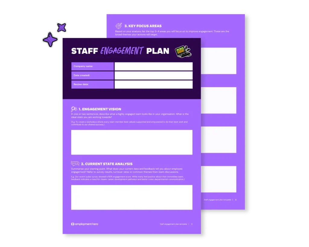 Purple staff engagement plan document with sections for company name, dates, engagement vision, and state analysis. Decorative elements present.