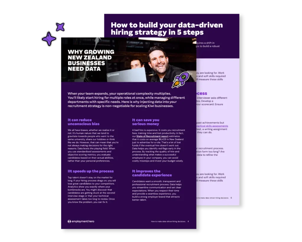 A document preview of the Employment Hero guide on how to make data-driven hiring decisions, showing sections on why New Zealand businesses need data and a five-step strategy.