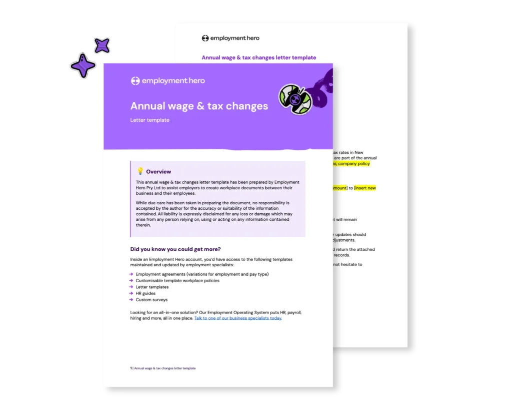 A stacked preview graphic of the Employment Hero annual wage and tax changes letter template, featuring the purple cover page over a sample document for New Zealand employers.