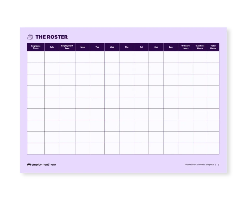 A preview of the blank roster page from the Employment Hero employee work schedule template, featuring columns for employee roles, daily shifts, and total hours to assist managers with designing a schedule.
