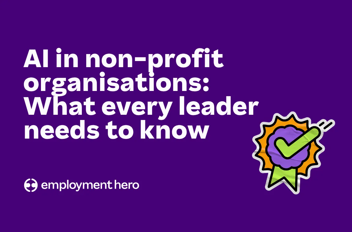 Employment Hero title graphic for the article "AI for non-profit organizations: What every leader needs to know," featuring a green checkmark badge.