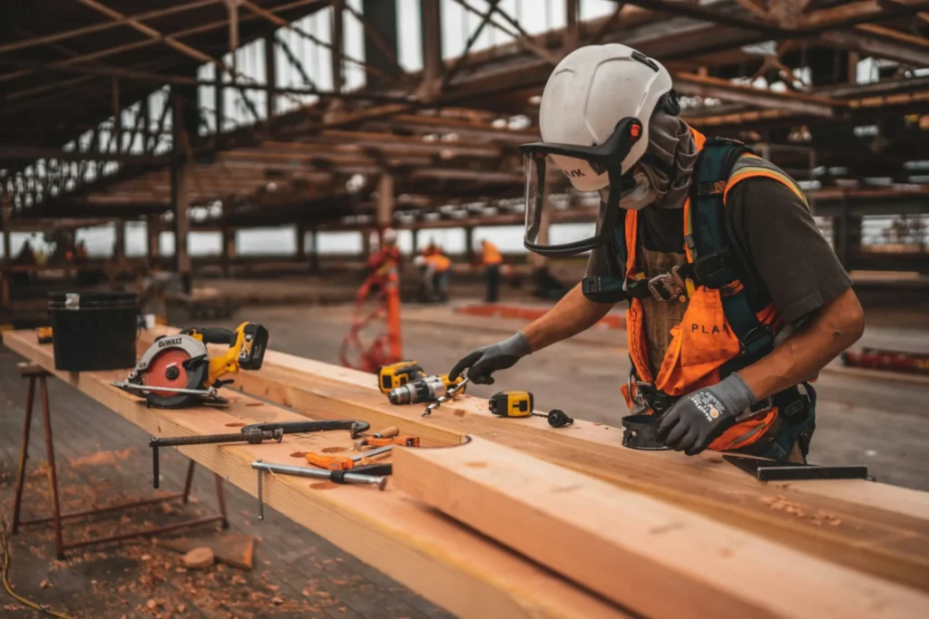 A construction worker in protective equipment performing maintenance on a wooden surface.