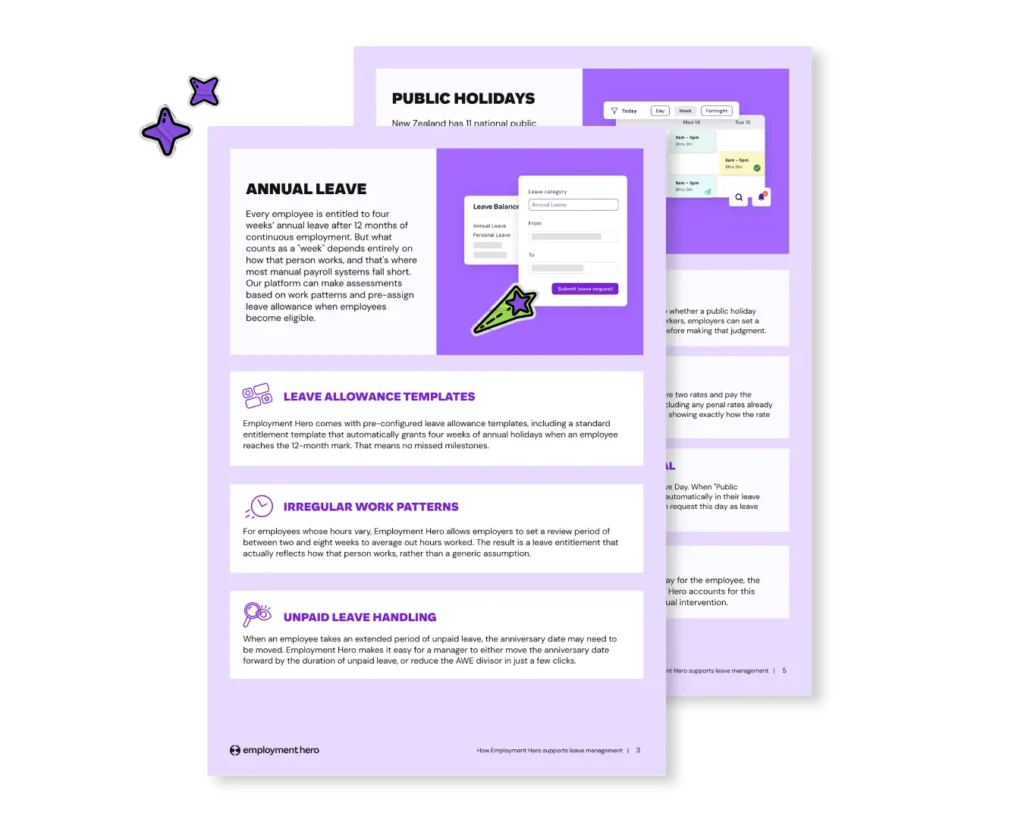 A stacked preview graphic of the Employment Hero guide on how to manage leave, highlighting internal pages that explain annual leave calculations and public holidays for New Zealand businesses.