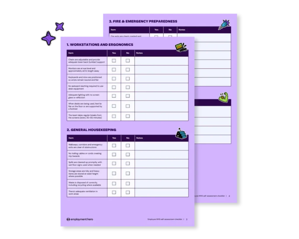 A two-page, purple checklist with sections on Workstations and Ergonomics, General Housekeeping, and Fire & Emergency Preparedness. Decorative icons enhance the page.