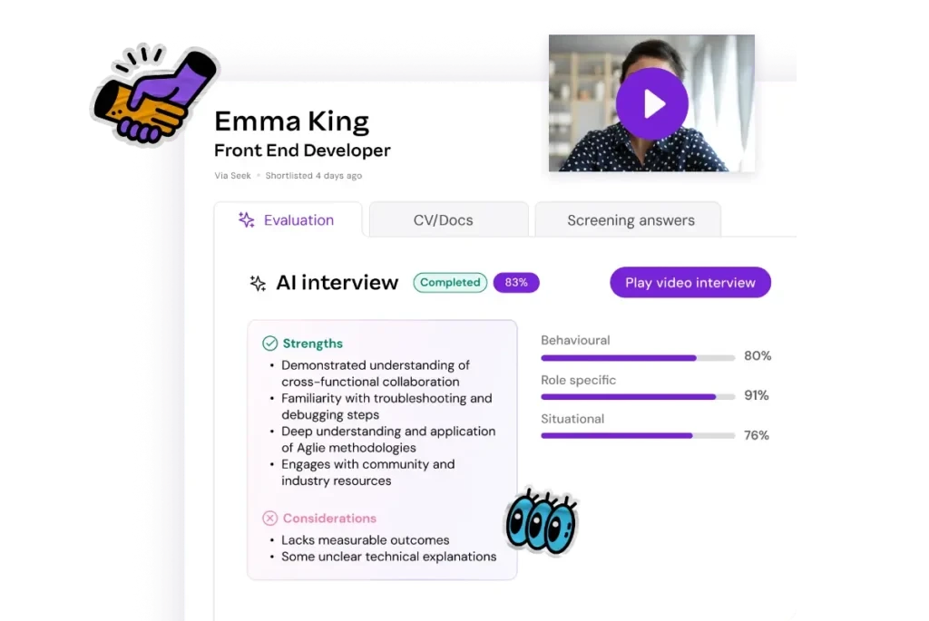 Profile screen for a Front End Developer named Emma King, showing AI interview results. Includes strengths, considerations, completion rate, and progress bars.